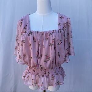 Mixed Threads LA Pink Floral Off Shoulder Peplum Blouse 1X Cottagecore